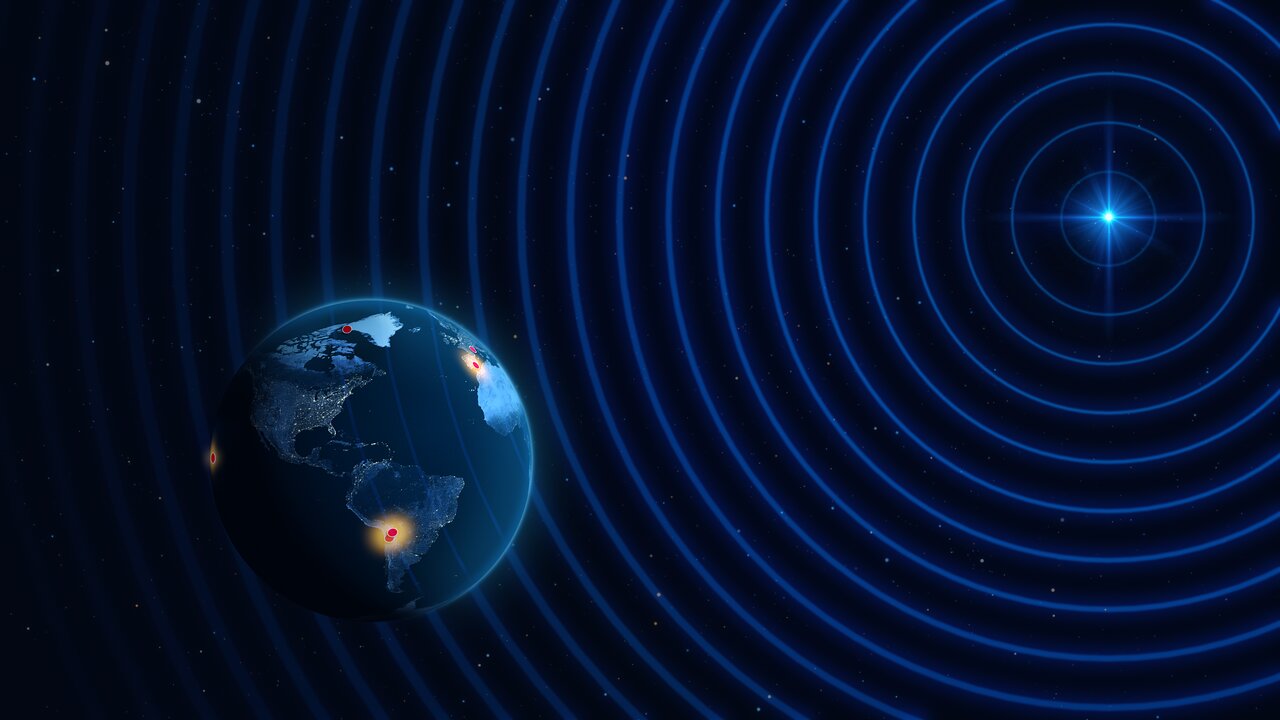 This artist’s impression shows the locations of multiple radio observatories across the planet, which participated in a pilot experiment conducted by the Event Horizon Telescope (EHT) Collaboration that obtained the highest-resolution observations from the ground. The test observations detected light from distant galaxies at a wavelength of 0.87 mm and were made with some of the observatories (in red) that are part of the EHT, a virtual Earth-sized telescope. One of these distant, point-like galaxies is represented on the top right, sending out radio signals all the way to Earth. While non-ideal weather conditions hampered the observations at some of the sites, the team was able to observe multiple galaxies using multiple stations. Robust detections were made using different pairs of telescopes, indicated as glowing dots: the Atacama Large Millimeter/submillimeter Array (ALMA) and the Atacama Pathfinder EXperiment (APEX) in the Atacama Desert in Chile, ALMA and the IRAM 30-meter telescope in Spain, and ALMA and the Submillimeter Array in Hawaiʻi. The EHT Collaboration is famous for connecting telescopes around the world, using a technique called very long baseline interferometry, to obtain images of supermassive black holes. Previous EHT observations were made at a wavelength of 1.3 mm. By observing a distant active galaxy at a lower wavelength, researchers were able to capture even higher resolution images without forming a bigger virtual telescope.   